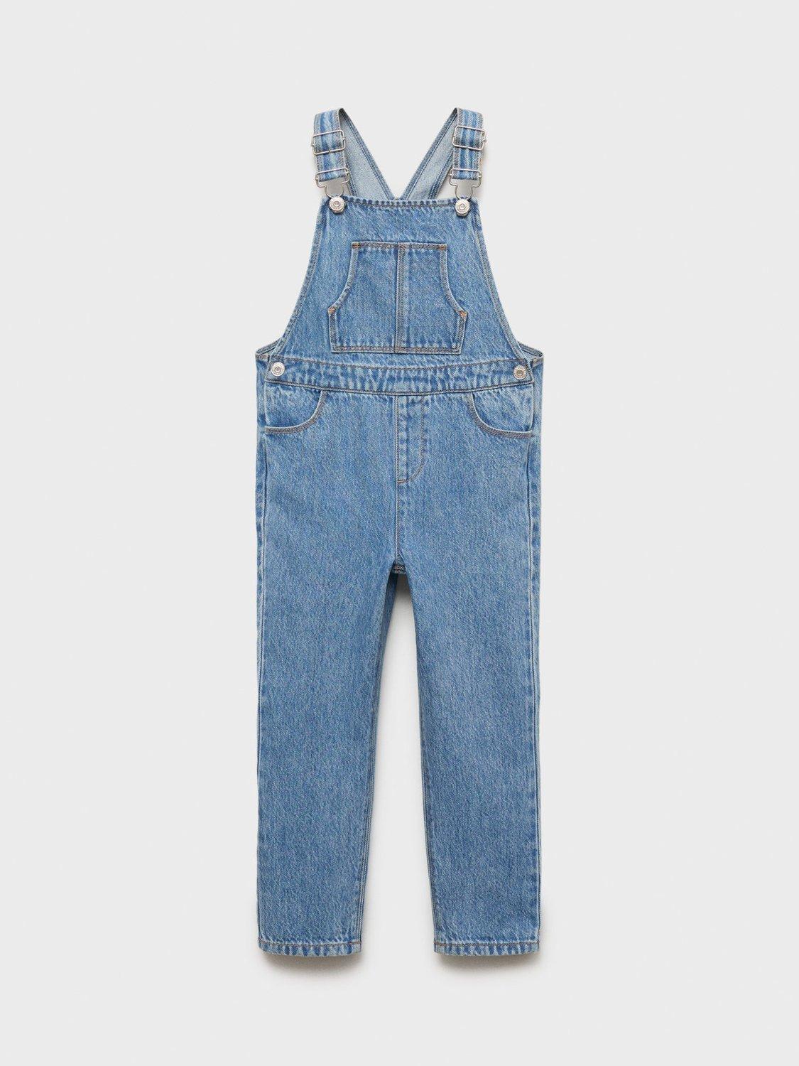 Product image 1 of 4, which shows Mango Kids' Denim Dungarees, Mid Blue, 12-18 months