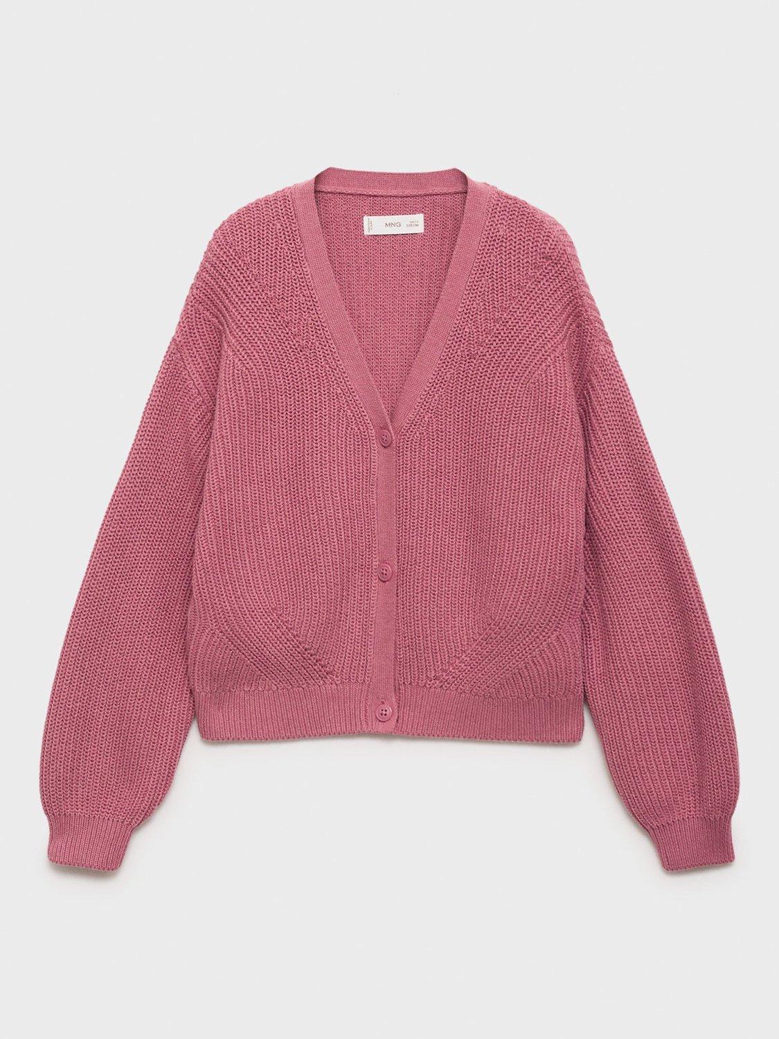 Product image 1 of 4, which shows Mango Kids' Rose Knitted Cotton Cardigan, Dark Red, 5-6 years