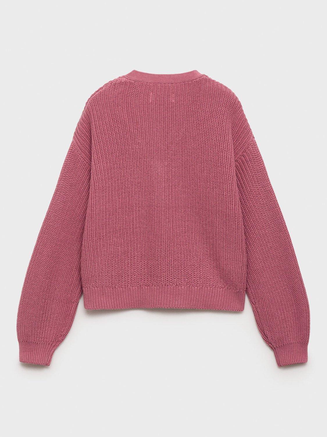 Product image 2 of 4, which shows Mango Kids' Rose Knitted Cotton Cardigan, Dark Red, 5-6 years