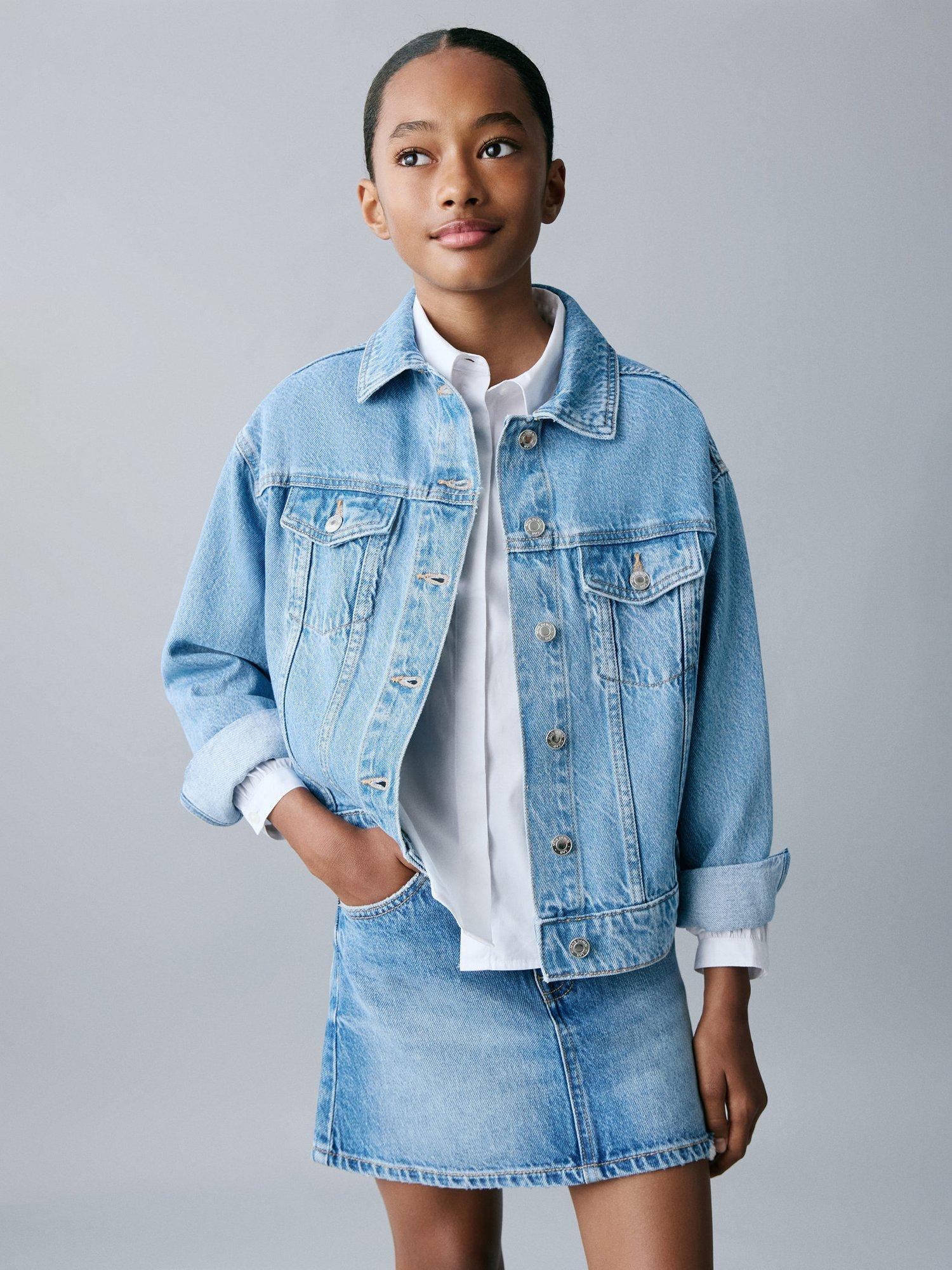 Product image 1 of 7, which shows Mango Kids' Alice Relaxed Denim Jacket, Open Blue, 10 years