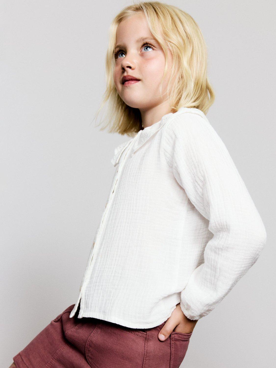 Product image 1 of 6, which shows Mango Kids' Isabella Cotton Long Sleeved Blouse, White, 12-18 months