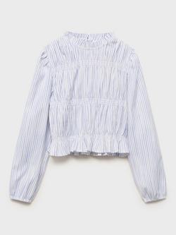 Mango Kids' Madison Cotton Blend Long Sleeved Blouse, Medium Blue, Medium Blue