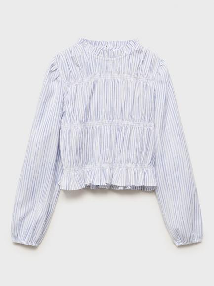 Mango Kids' Madison Cotton Blend Long Sleeved Blouse, Medium Blue, Medium Blue