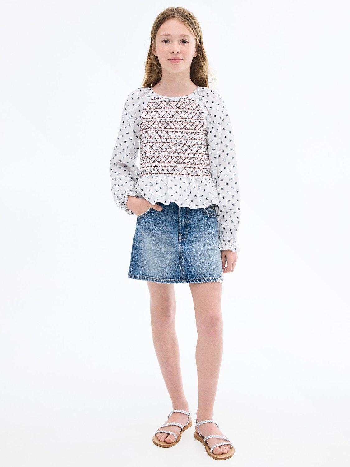 Product image 1 of 7, which shows Mango Kids' Stella Denim A-Line Mini Skirt, Mid Blue, 9 years