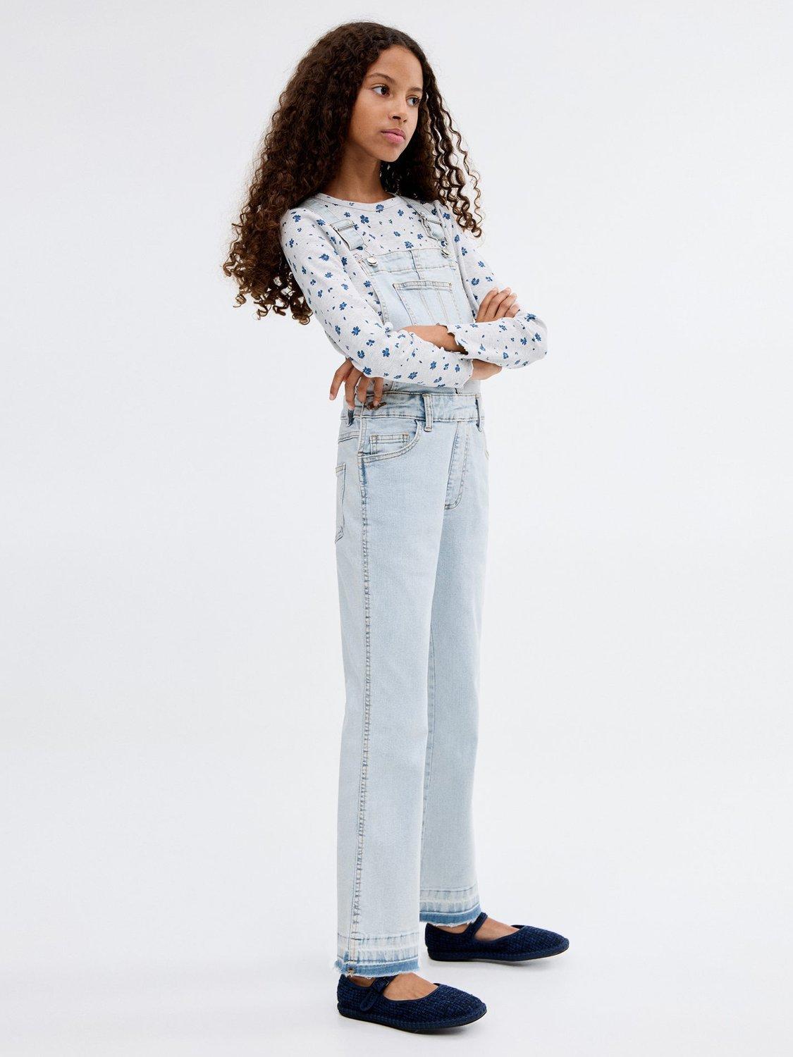Product image 1 of 7, which shows Mango Kids' Agnes Denim Ankle Dungarees, Open Blue, 6 years