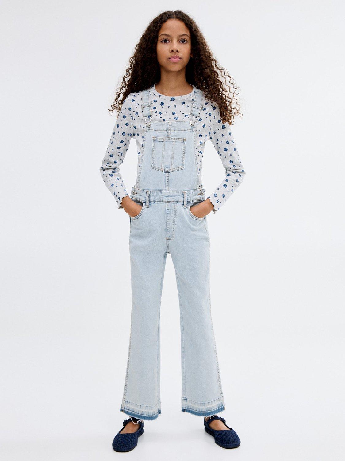 Product image 2 of 7, which shows Mango Kids' Agnes Denim Ankle Dungarees, Open Blue, 6 years