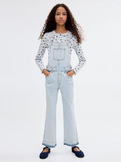 Mango Kids' Agnes Denim Ankle Dungarees, Open Blue - view 2, Open Blue