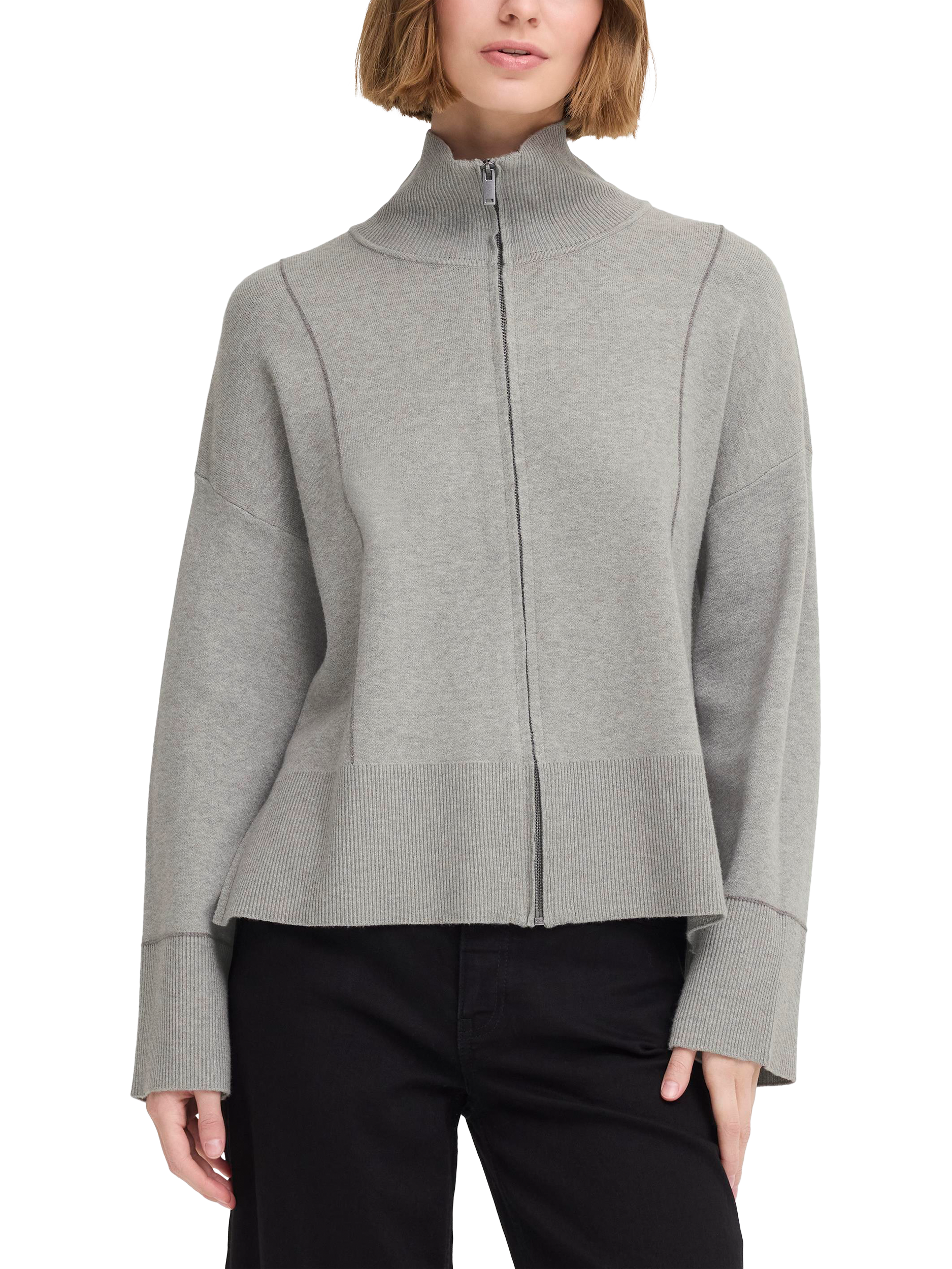 Product image 1 of 7, which shows ICHI Ballia High Neck Cardigan, Grey Melange, M