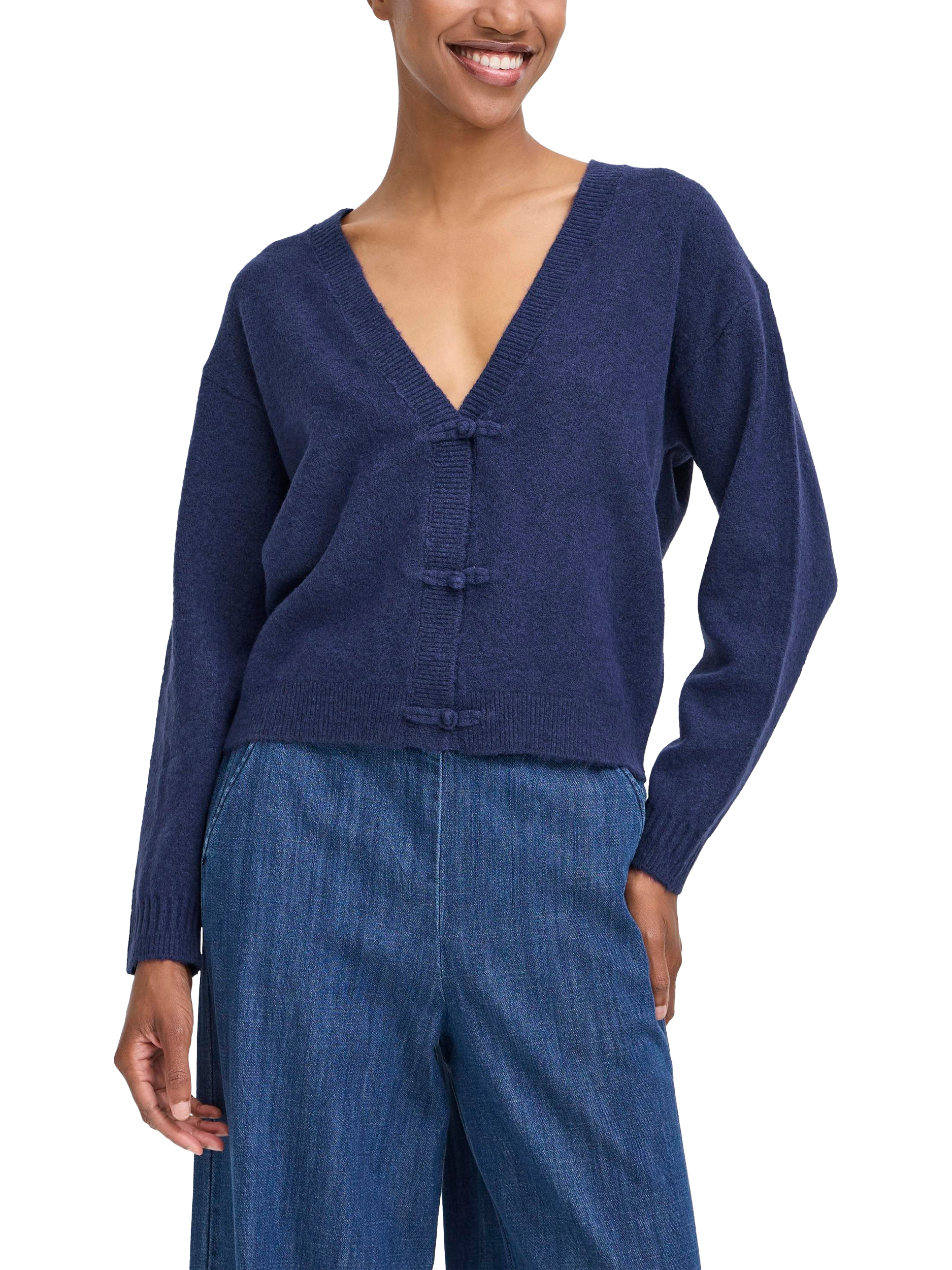 Product image 1 of 7, which shows ICHI Dasila Tie Front V-Neck Cardigan, Patriot Blue, XS