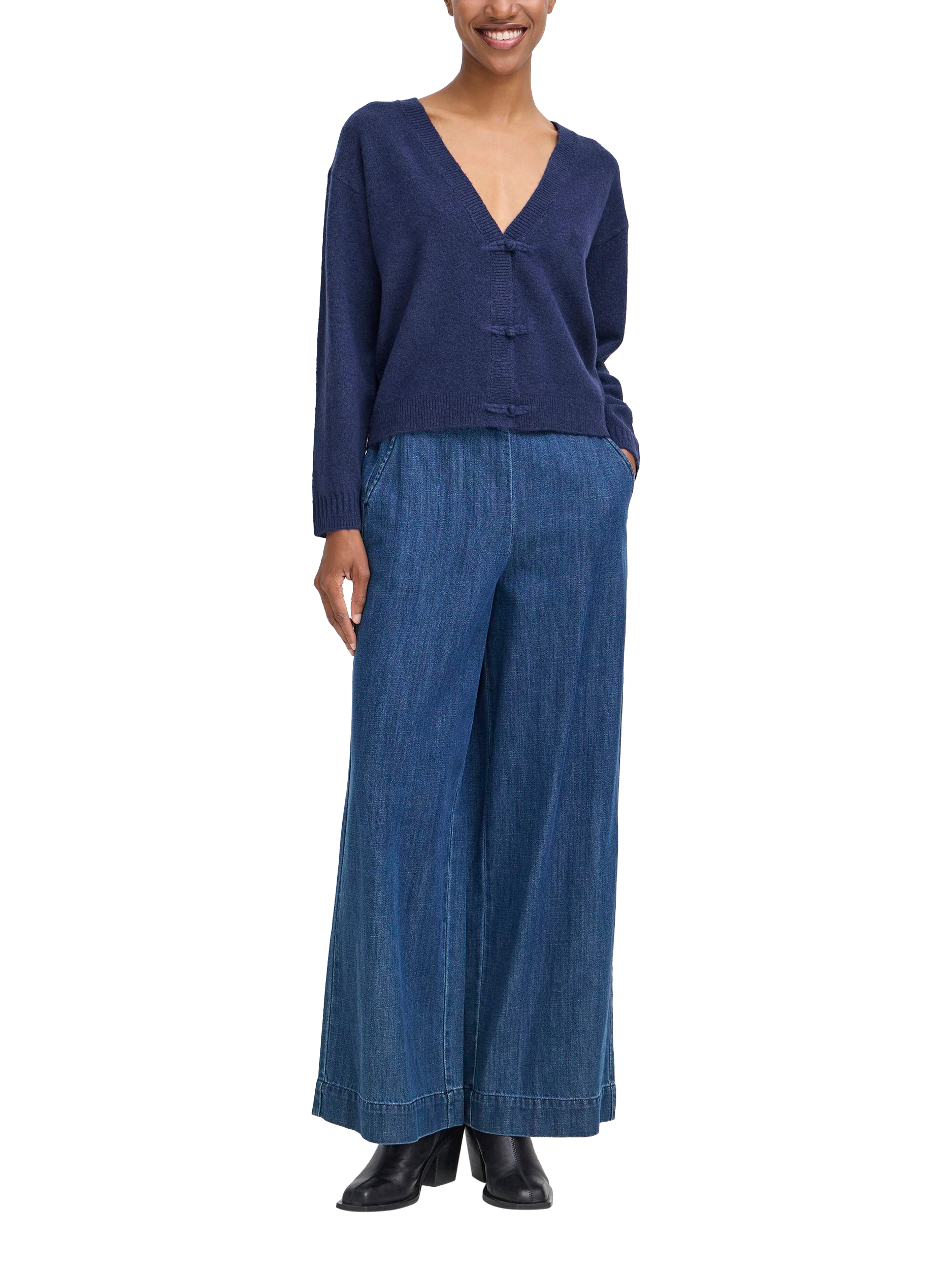Product image 3 of 7, which shows ICHI Dasila Tie Front V-Neck Cardigan, Patriot Blue, XS