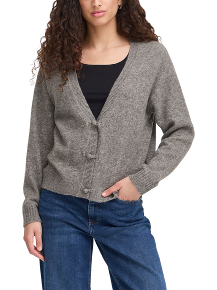 ICHI Dasila Tie Front V-Neck Cardigan, Dark Grey Melange