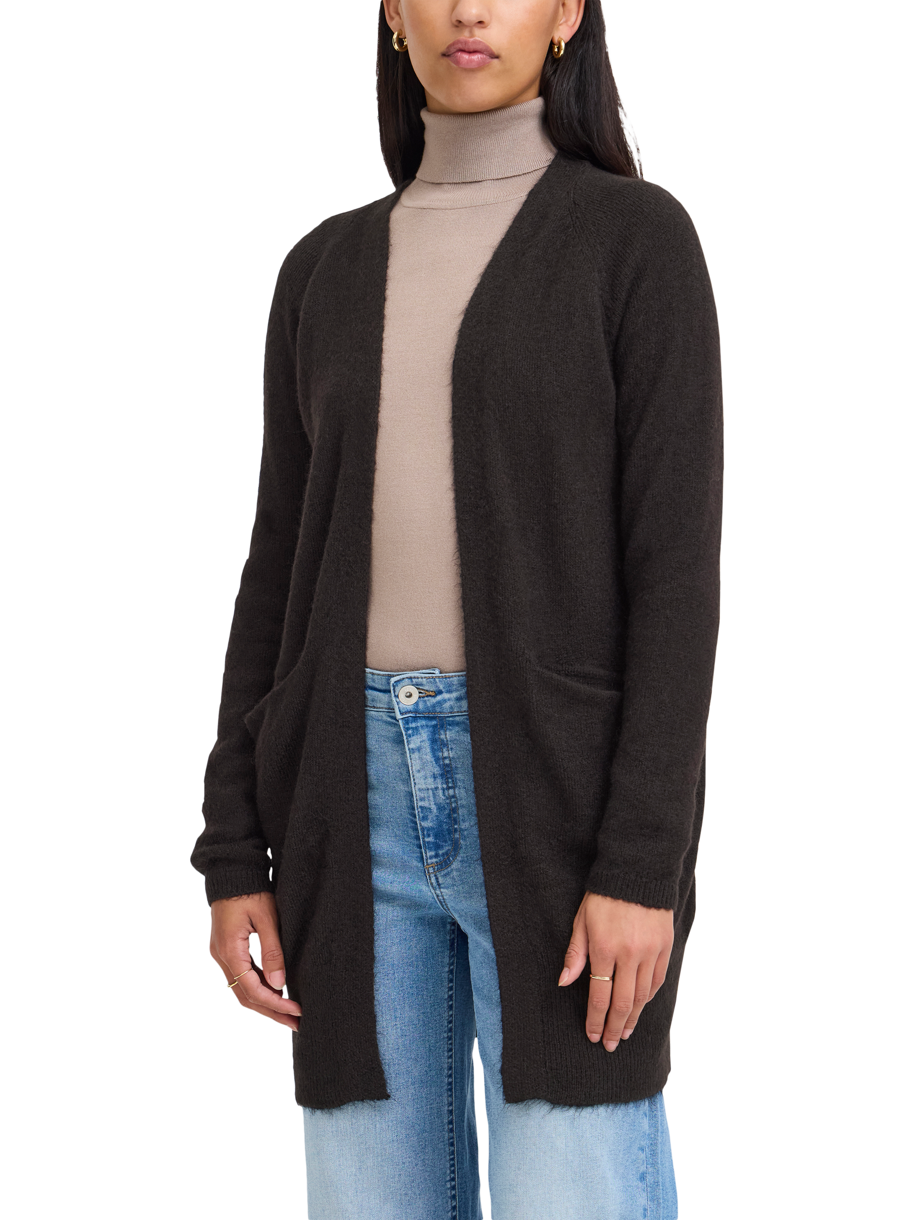 Product image 1 of 6, which shows ICHI Kamara Open Neck Cardigan, Black, XS
