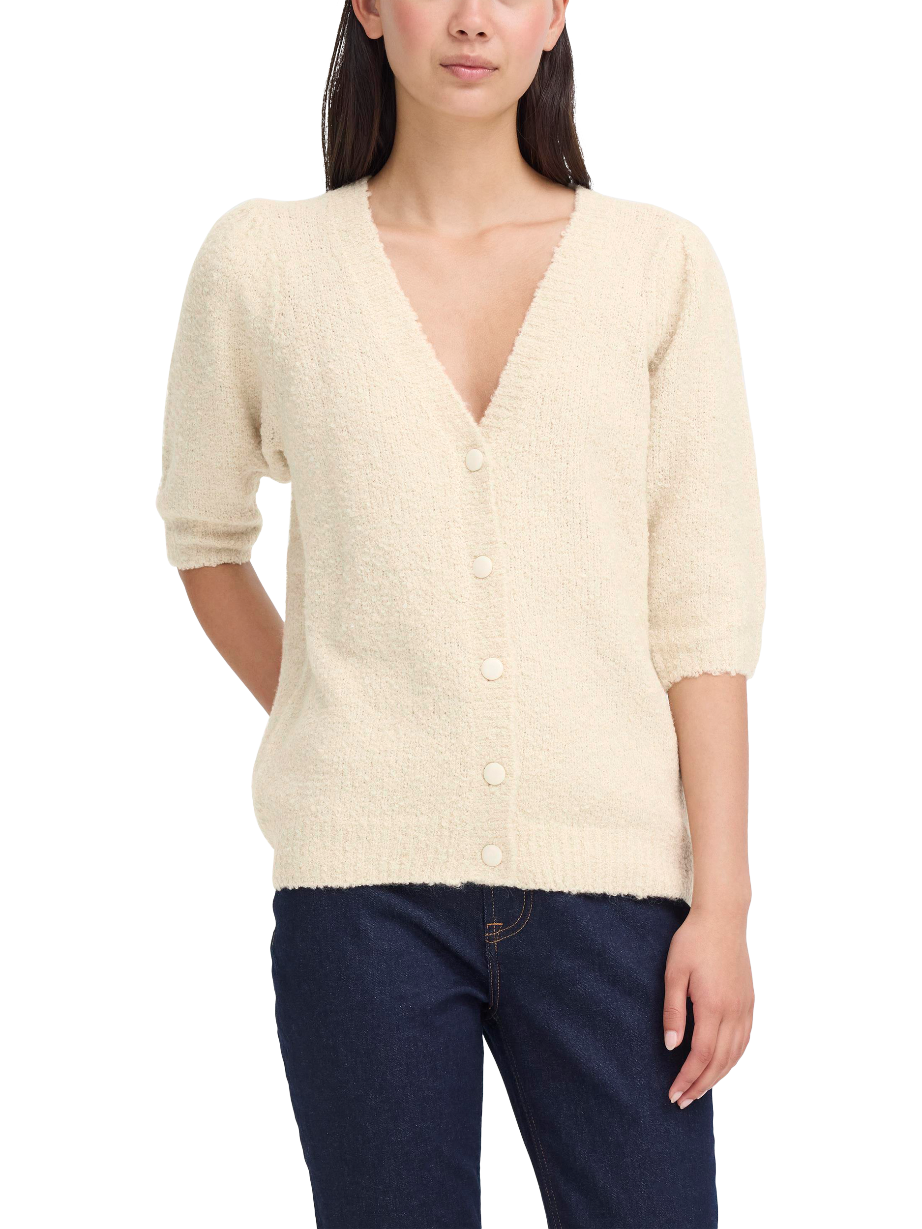 Product image 1 of 7, which shows ICHI Loucle Three Quarter Sleeve Cardigan, Birch, XS