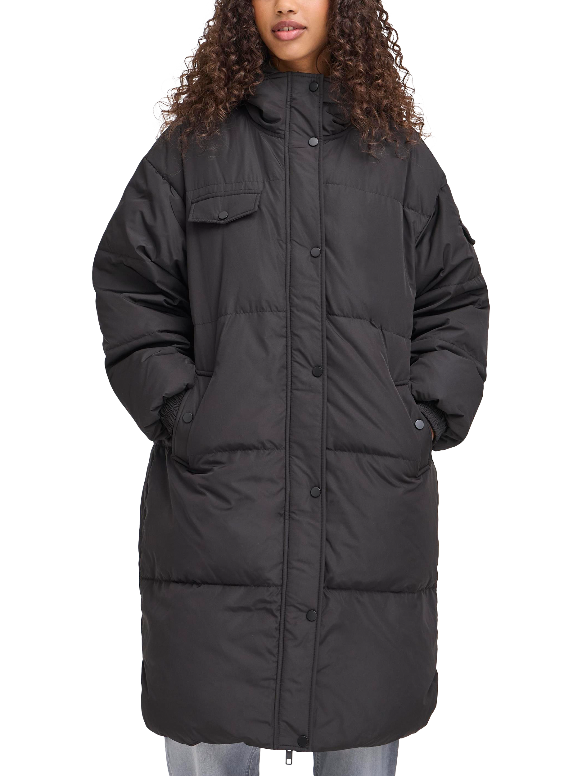 Product image 1 of 7, which shows ICHI Bunala Longline Hooded Puffer Jacket, Black, XS