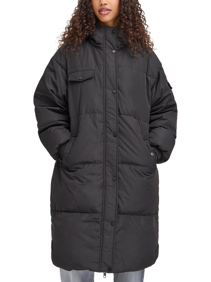 ICHI Bunala Longline Hooded Puffer Jacket, Black, Black