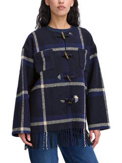 ICHI Foniza Plaid Check Fringed Jacket, Patriot Blue, Patriot Blue