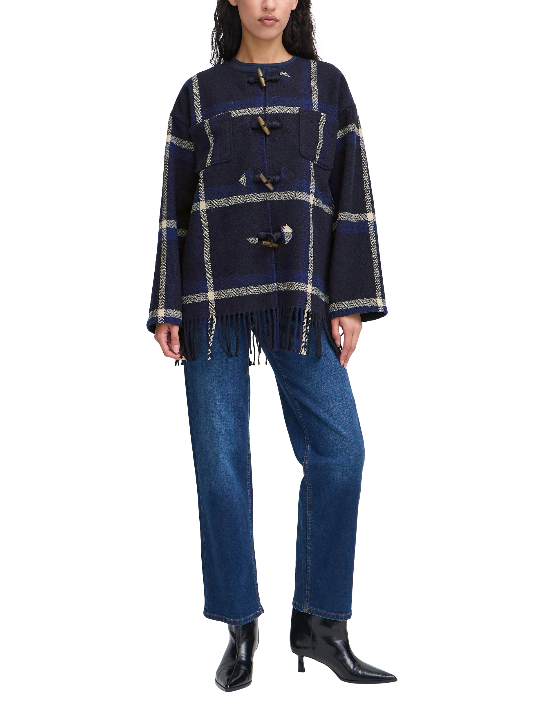 ICHI Foniza Plaid Check Fringed Jacket, Patriot Blue