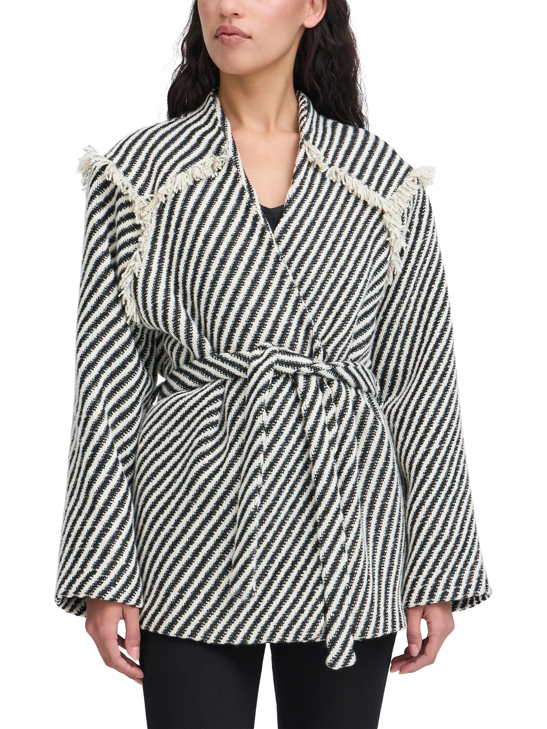 Product image 1 of 7, which shows ICHI Ihsokata Ja Stripe Long Sleeve V Neck Jacket, Black/White, 8