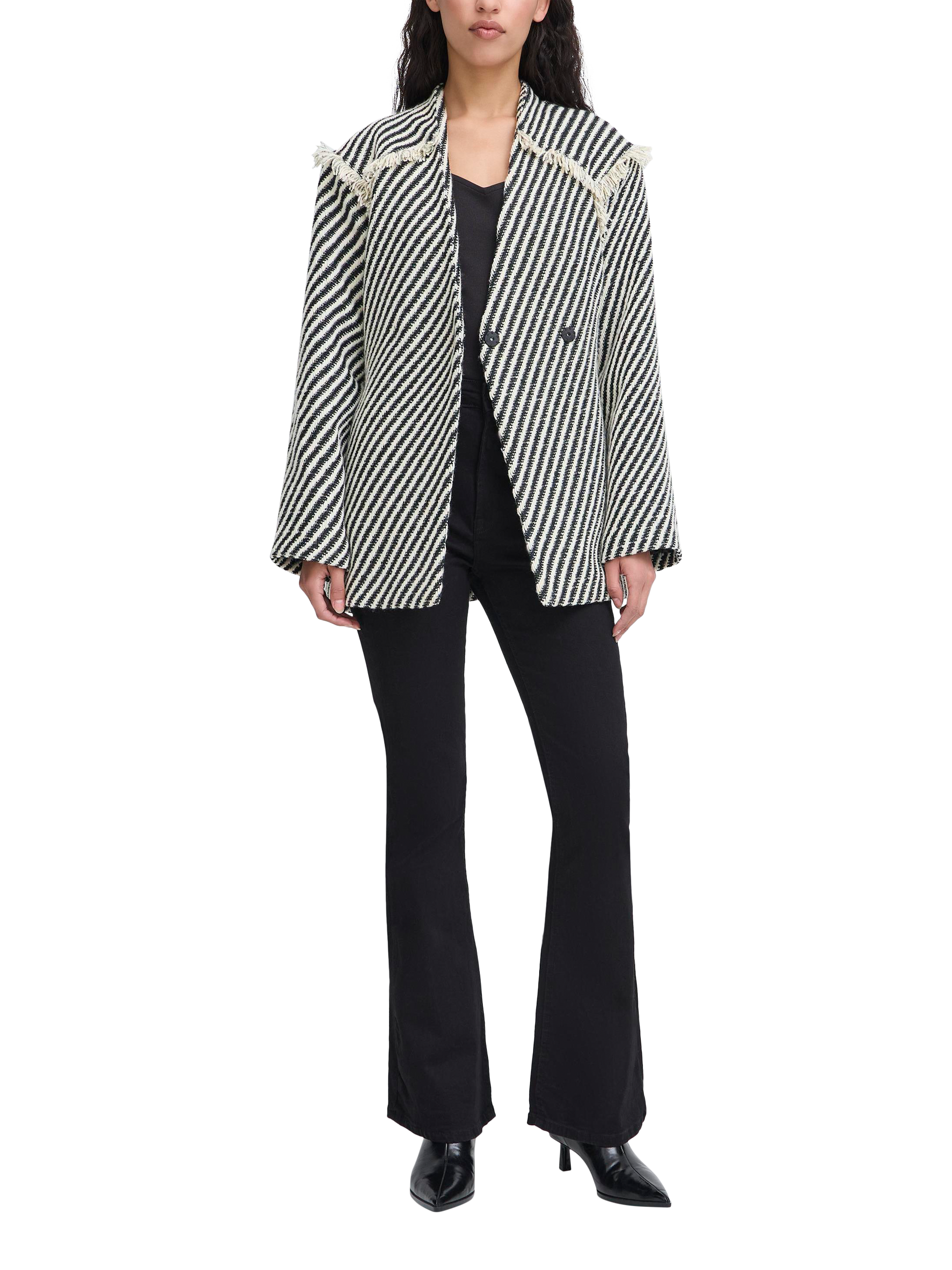 Product image 3 of 7, which shows ICHI Ihsokata Ja Stripe Long Sleeve V Neck Jacket, Black/White, 8