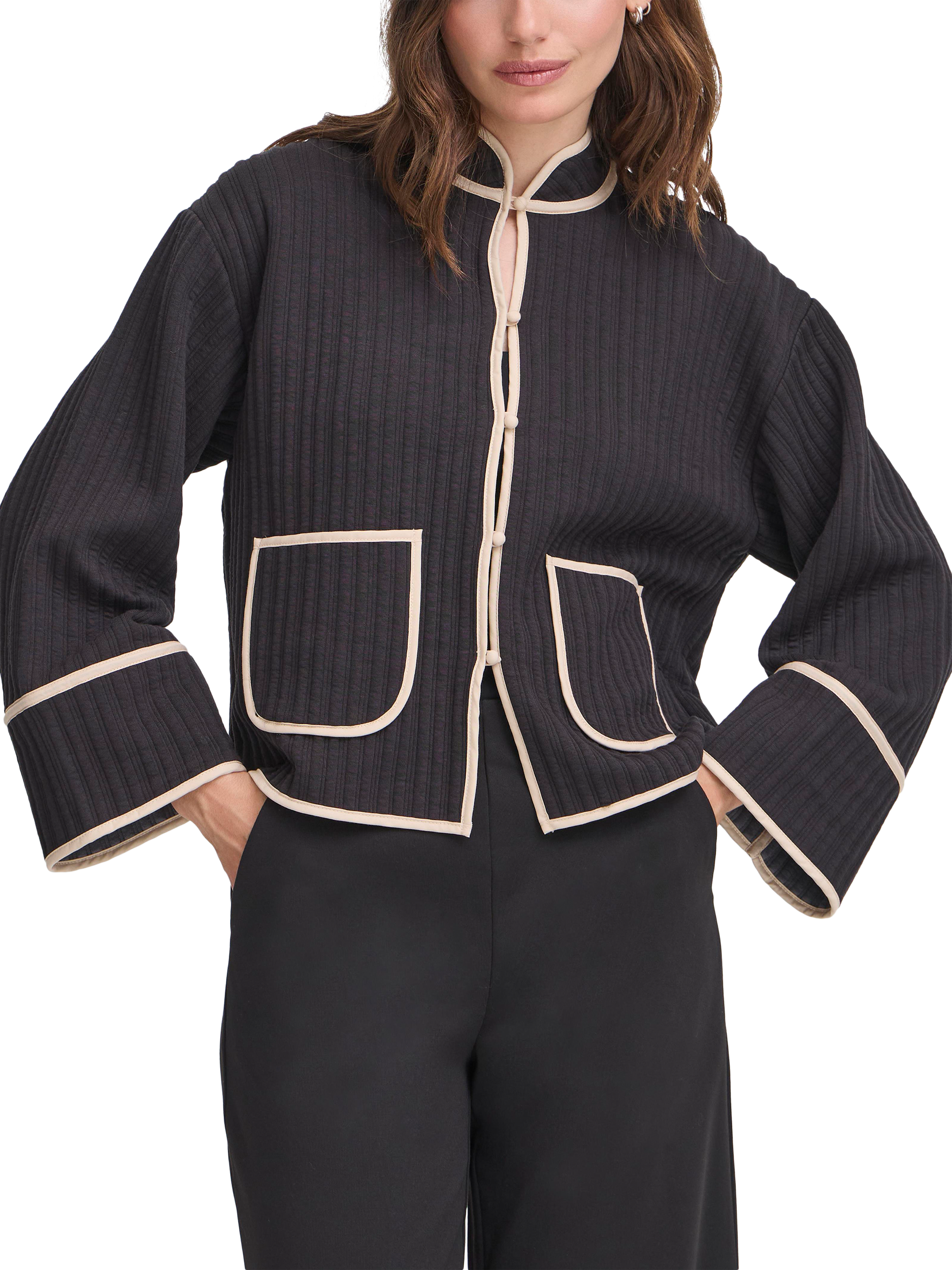 Product image 1 of 7, which shows ICHI Kate Quilted Long Sleeve Jacket, Black, XS