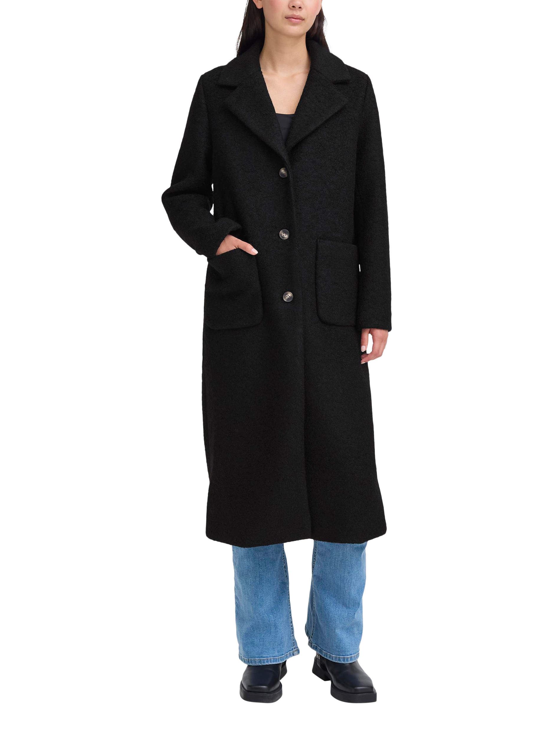 Product image 1 of 5, which shows ICHI Stipa Longline Wool Blend Coat, Black, 8