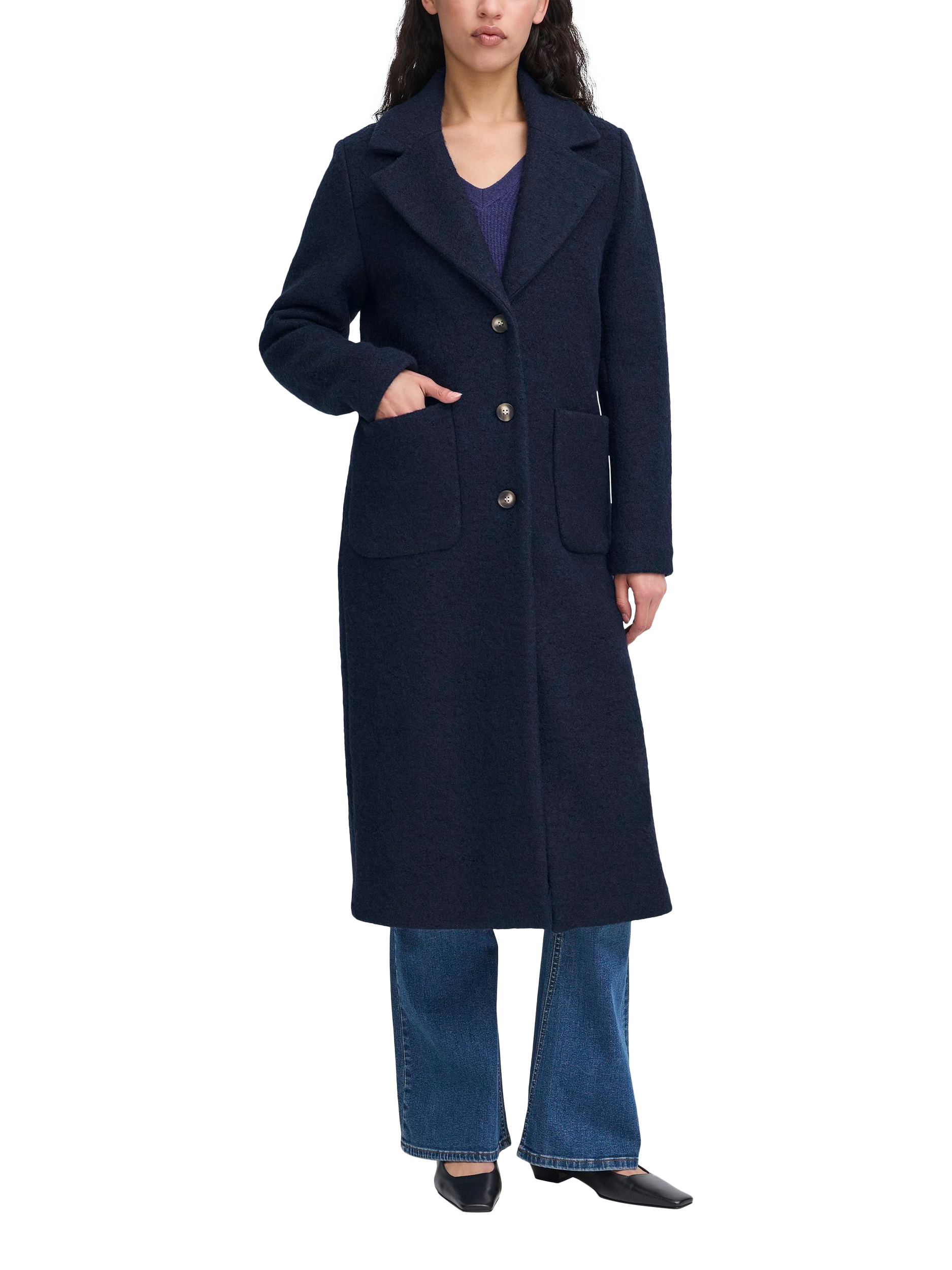 Product image 1 of 4, which shows ICHI Stipa Longline Wool Blend Coat, Dark Navy, 8