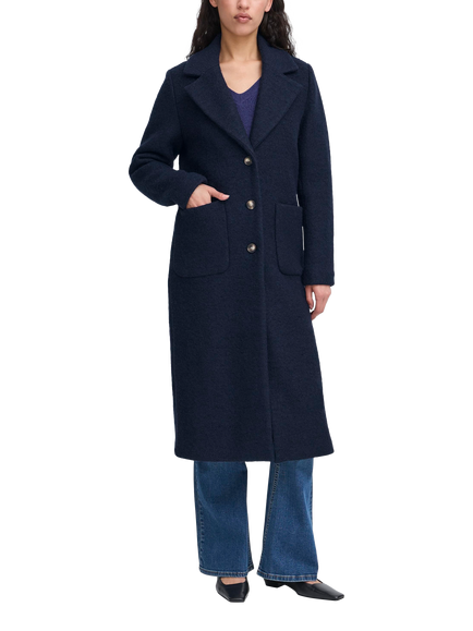ICHI Stipa Longline Wool Blend Coat, Dark Navy