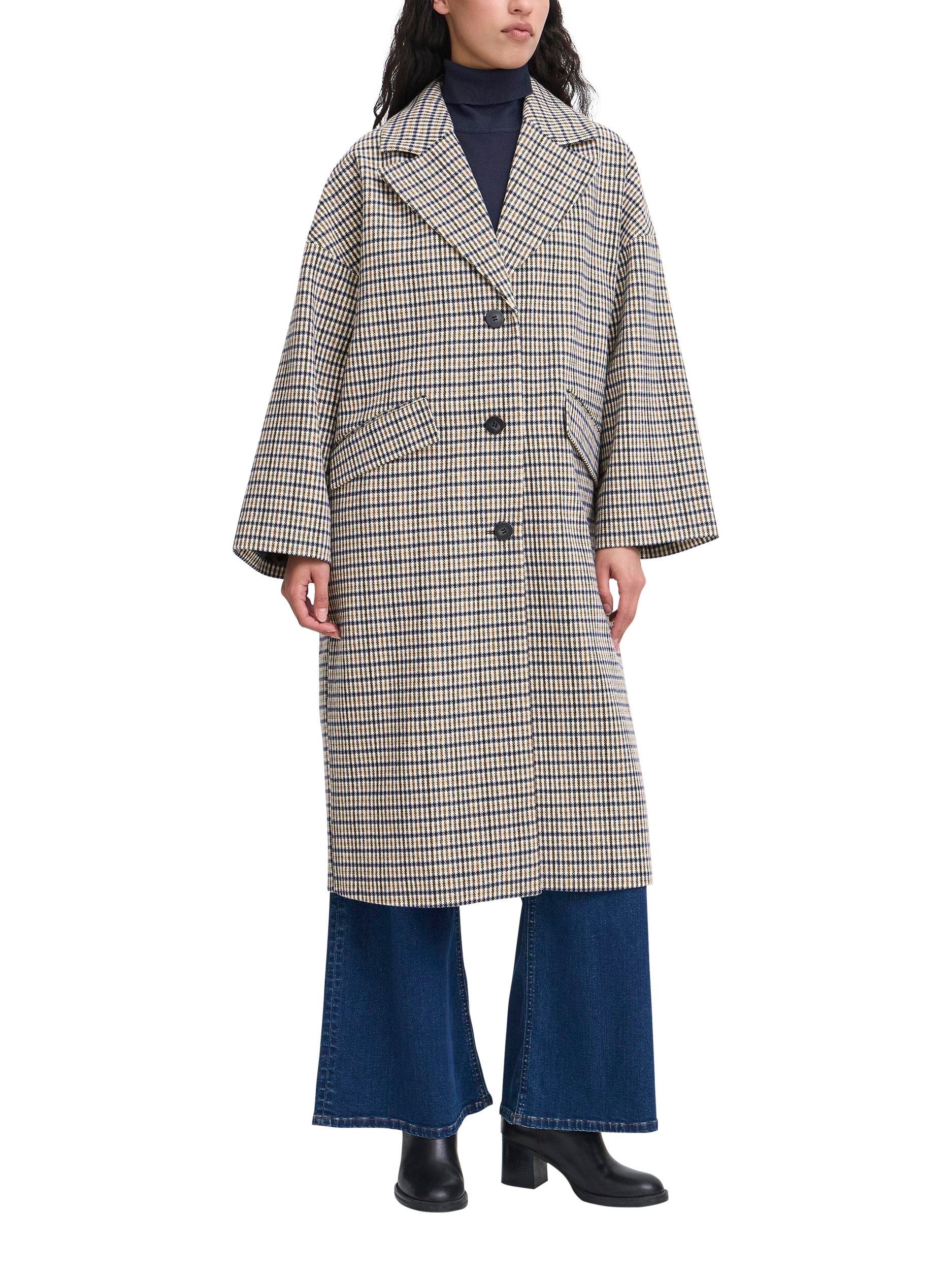 Product image 1 of 7, which shows ICHI Emmalu Check Kimono Sleeve Coat, Dark Navy/Multi, 8