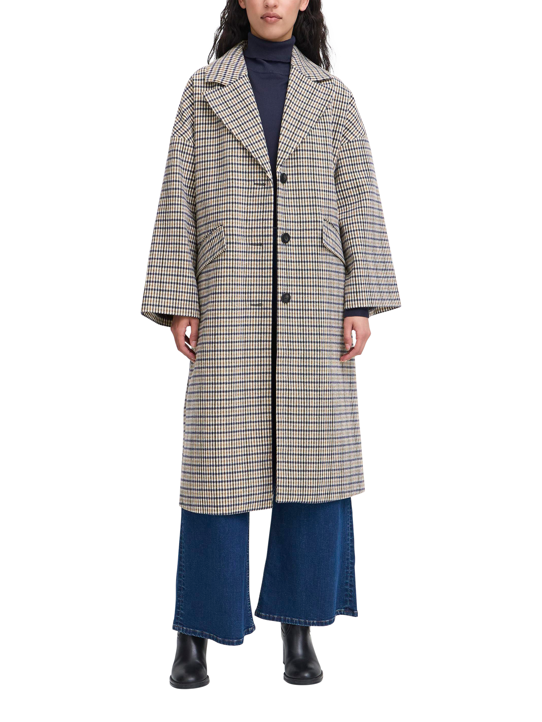 Product image 3 of 7, which shows ICHI Emmalu Check Kimono Sleeve Coat, Dark Navy/Multi, 8