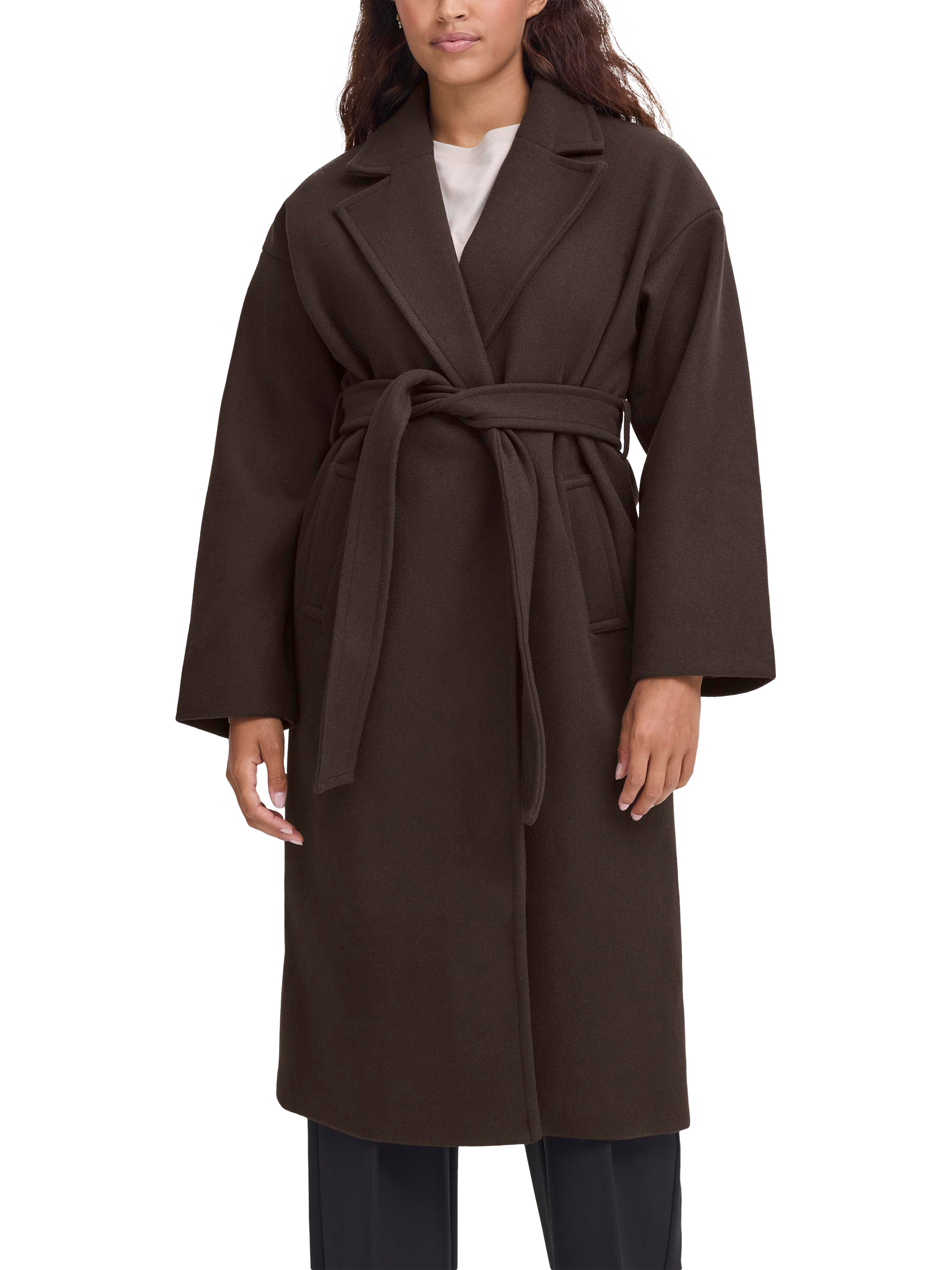 Product image 1 of 7, which shows ICHI Jannet Belted Overcoat, Chocolate Torte, 8