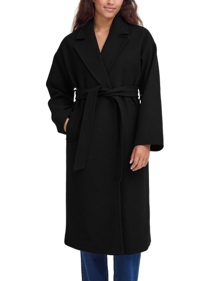 ICHI Jannet Belted Overcoat, Black
