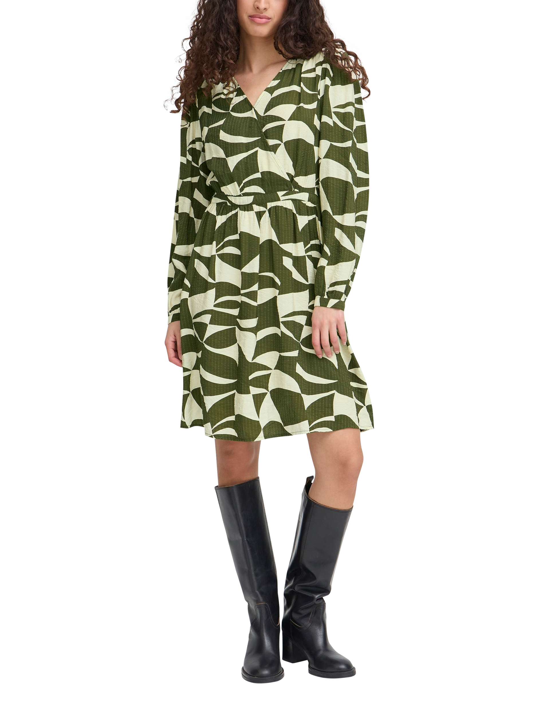 Product image 3 of 7, which shows ICHI Lisadora Wave Print Wrap Dress, Green, 8