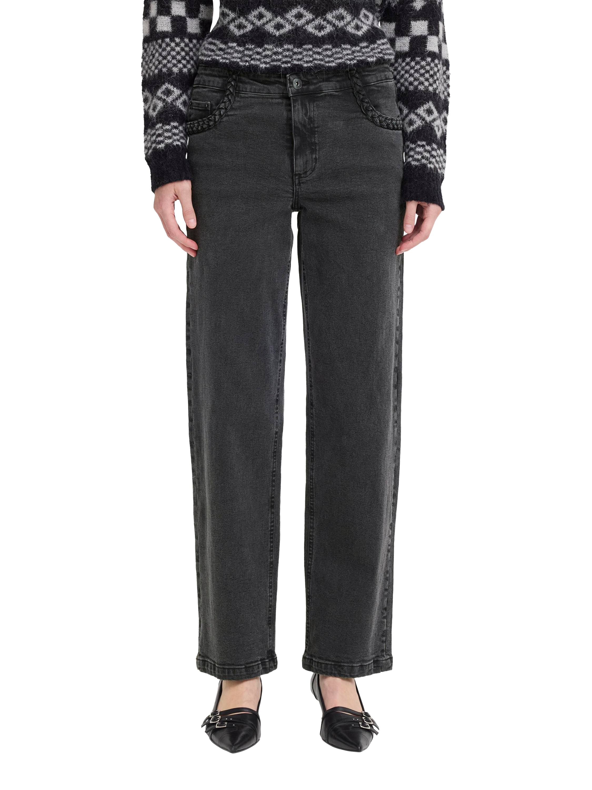 Product image 1 of 7, which shows ICHI Nolia Pocket Embroidered Jeans, Washed Black, 25R