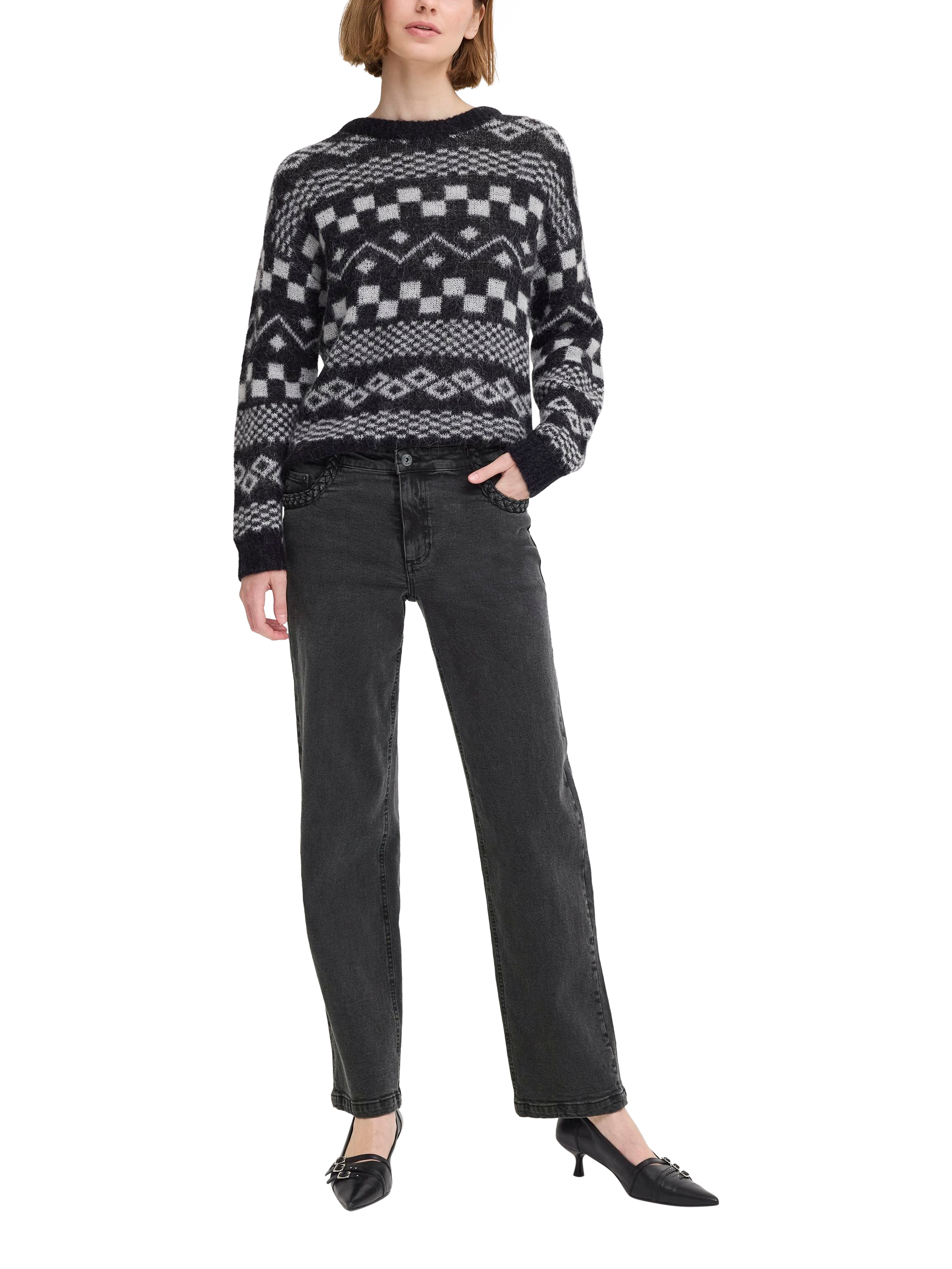 Product image 3 of 7, which shows ICHI Nolia Pocket Embroidered Jeans, Washed Black, 25R