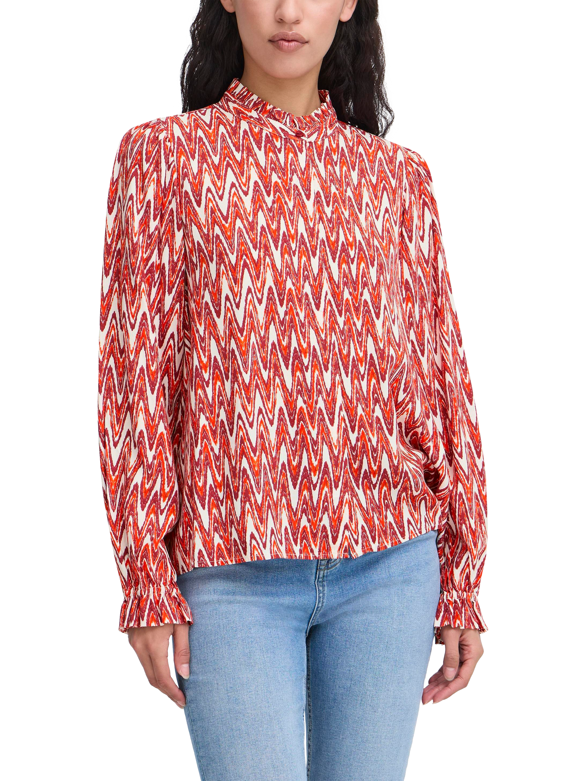Product image 1 of 7, which shows ICHI Lueca Ikat High Neck Top, Red Ikat Waves, 8