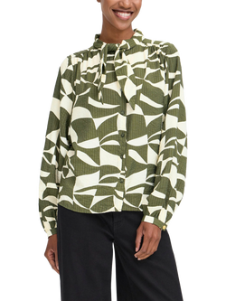 ICHI Lisadora Wave Graphic Tie Neck Shirt, Green, Green