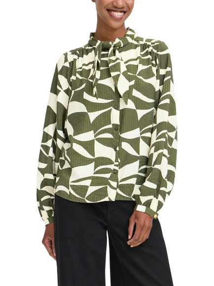 ICHI Lisadora Wave Graphic Tie Neck Shirt, Green, Green