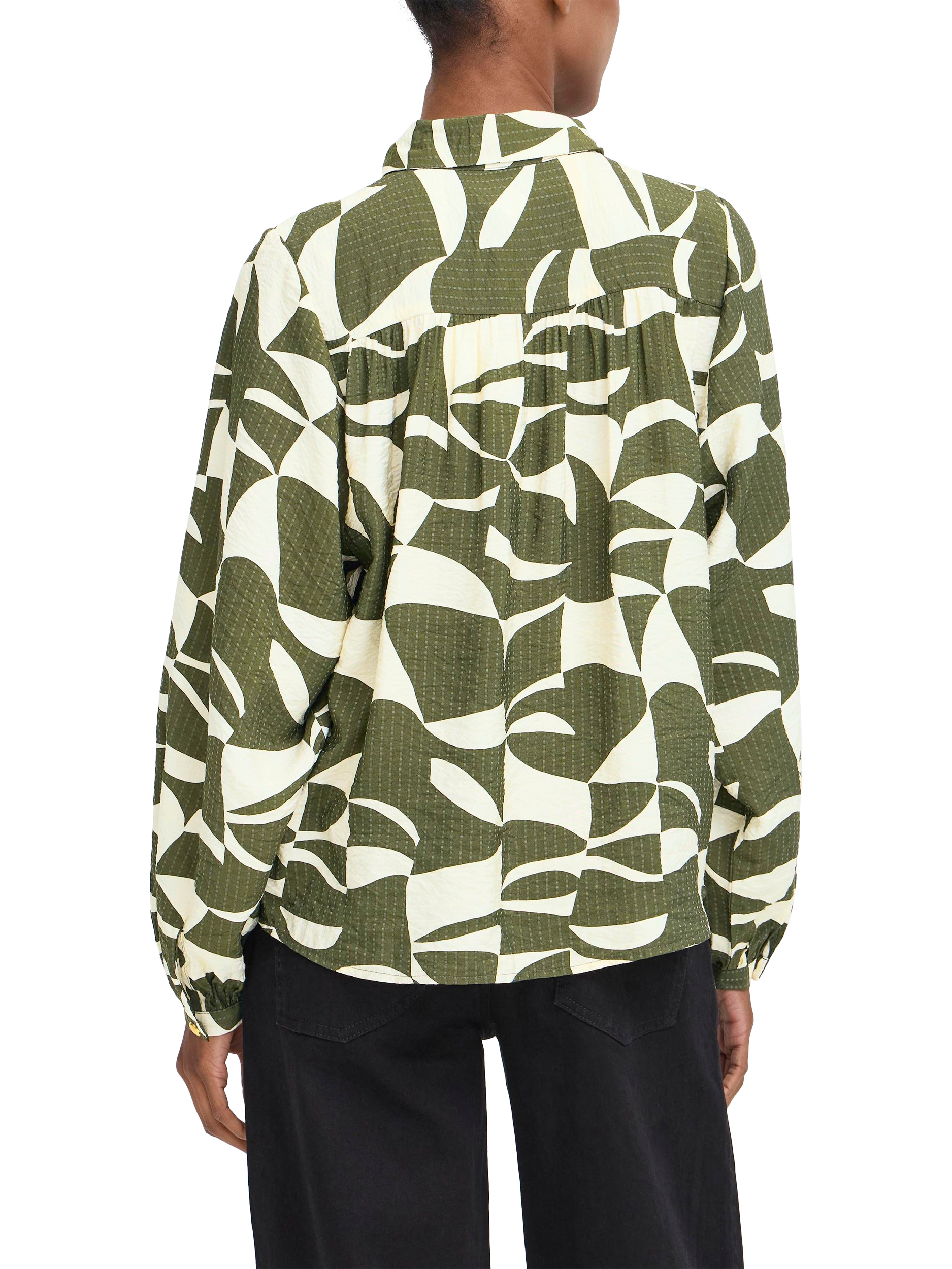 Product image 2 of 6, which shows ICHI Lisadora Wave Graphic Tie Neck Shirt, Green, 10