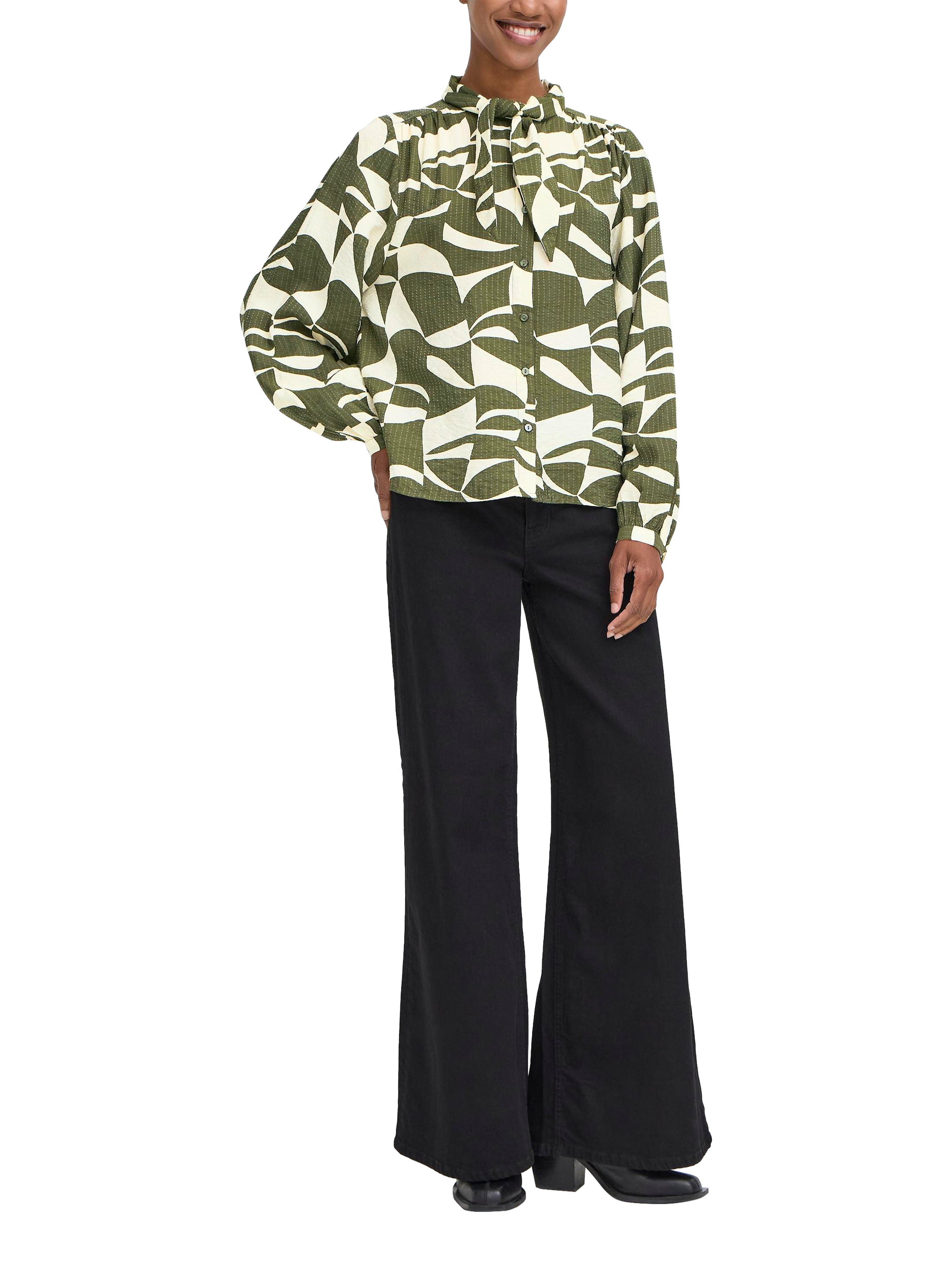 Product image 3 of 6, which shows ICHI Lisadora Wave Graphic Tie Neck Shirt, Green, 10