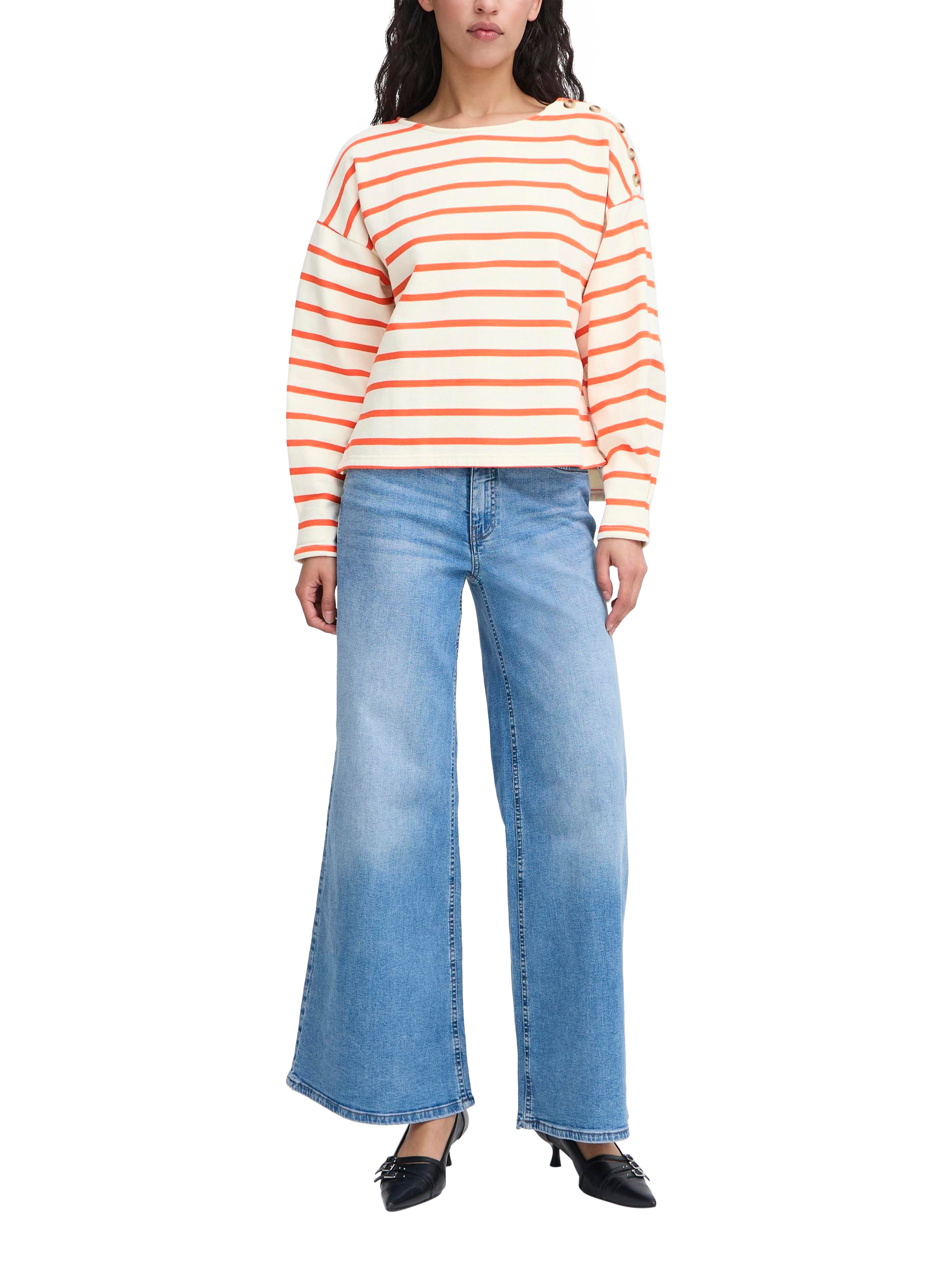 Product image 3 of 7, which shows ICHI Magga Stripe Button Detail Top, White/Multi, XS