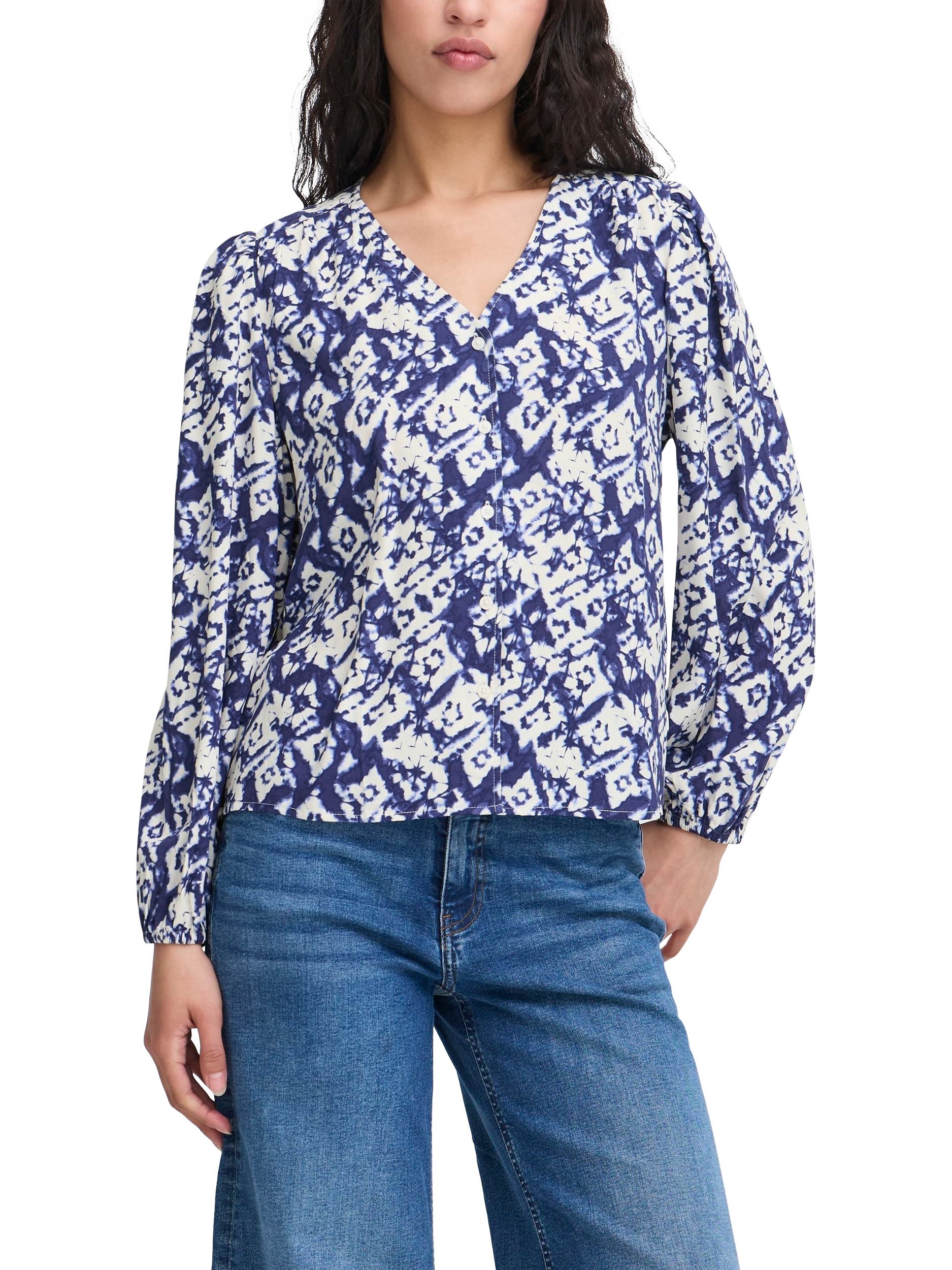 Product image 1 of 7, which shows ICHI Vera Diamond Ikat Top, Blue/Multi, 12