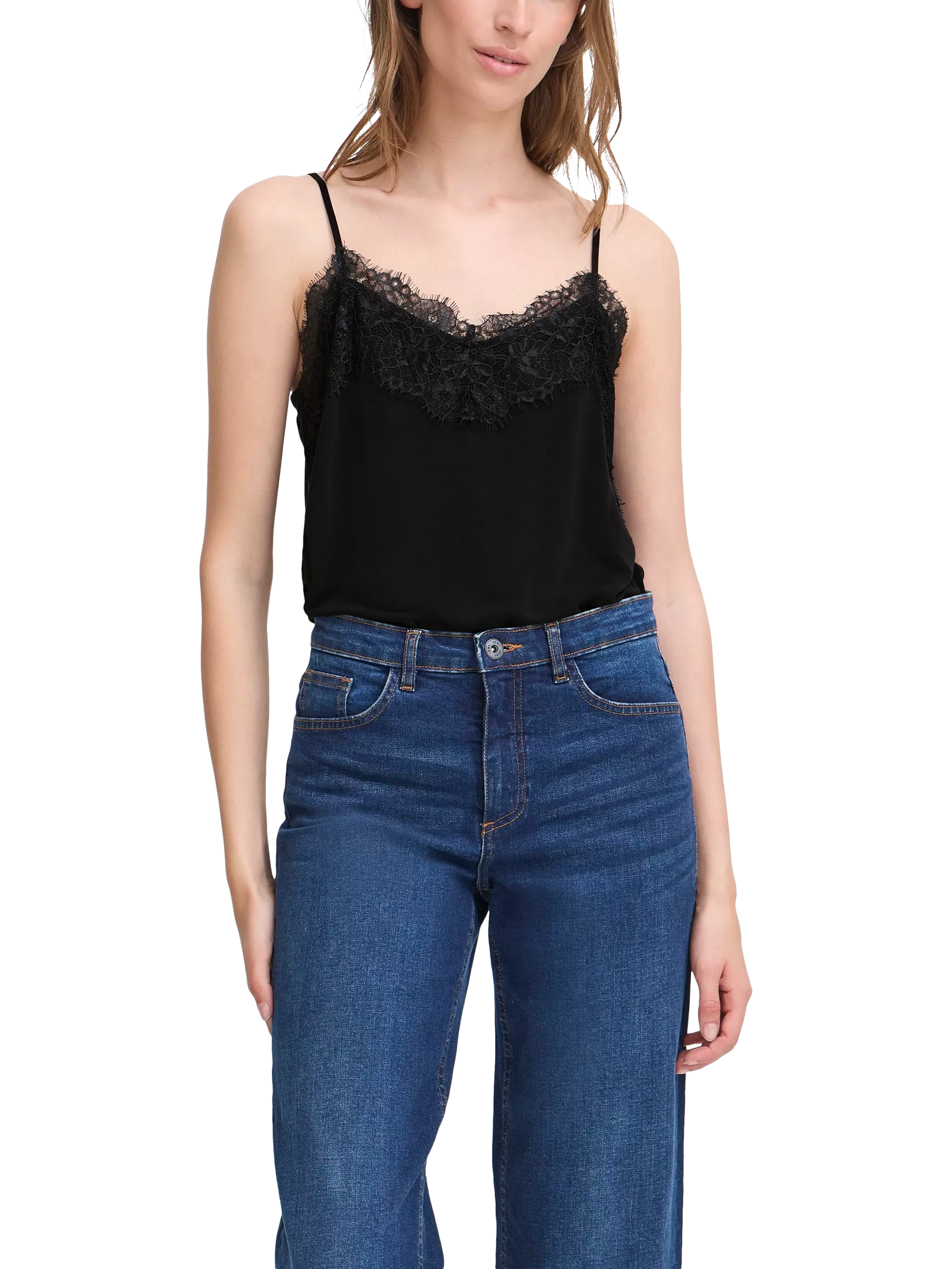 ICHI Lace Trim Vest Top, Black
