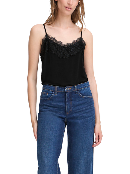 ICHI Lace Trim Vest Top, Black, Black