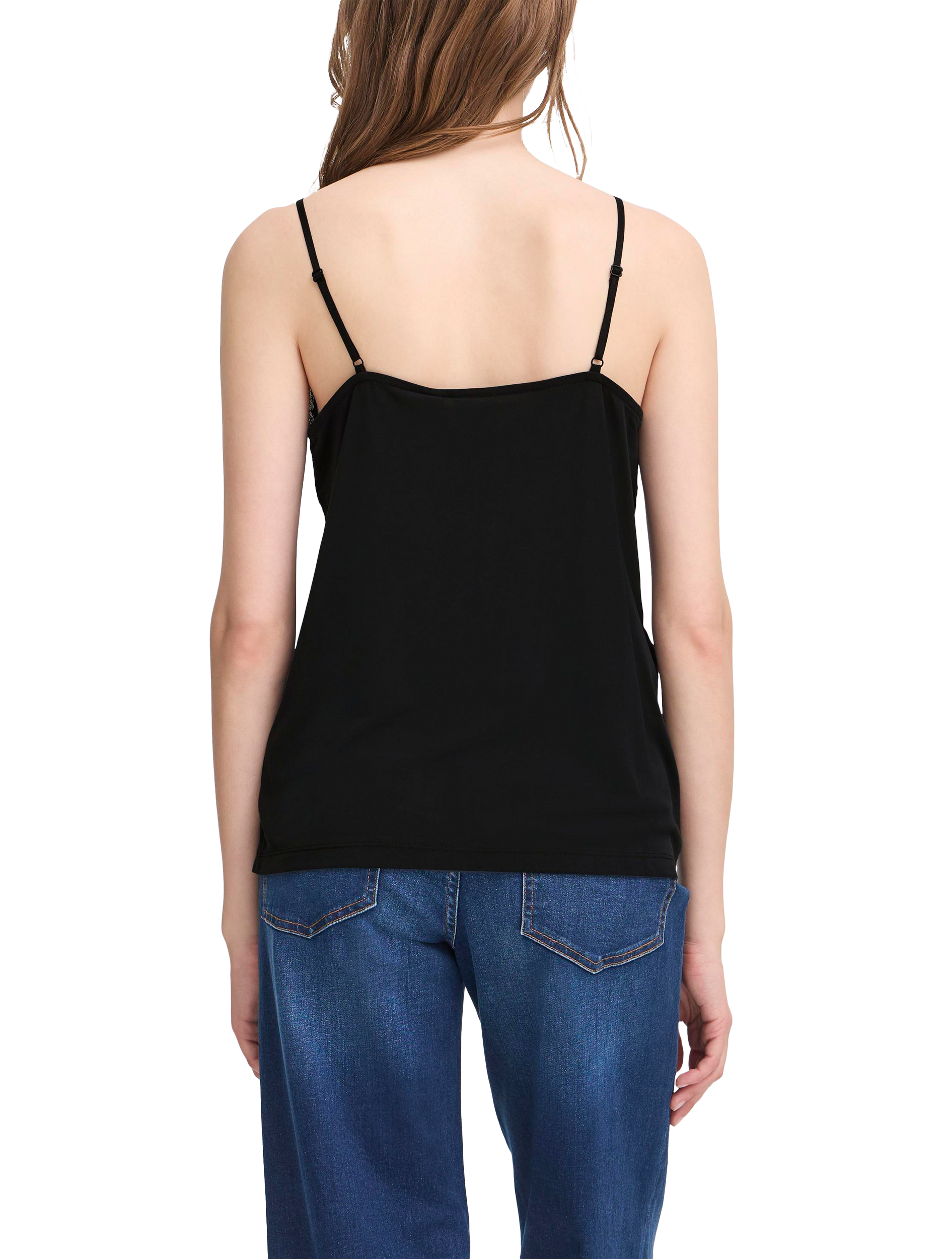 Product image 2 of 6, which shows ICHI Lace Trim Vest Top, Black, XS