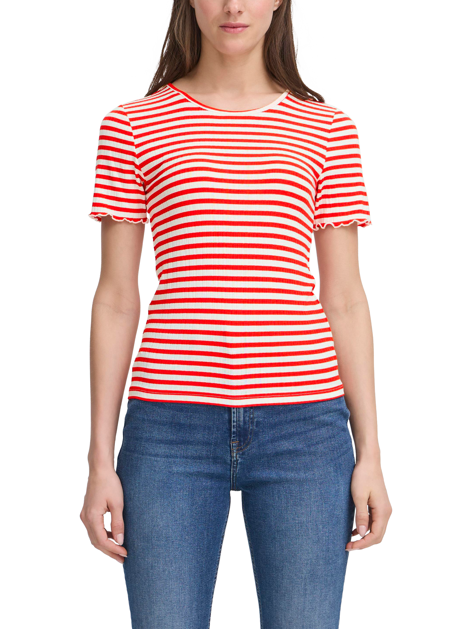 Product image 1 of 7, which shows ICHI Cella Stripe Crew Neck T-Shirt, Cloud/Fiery Red, XS