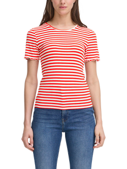 ICHI Cella Stripe Crew Neck T-Shirt, Cloud/Fiery Red