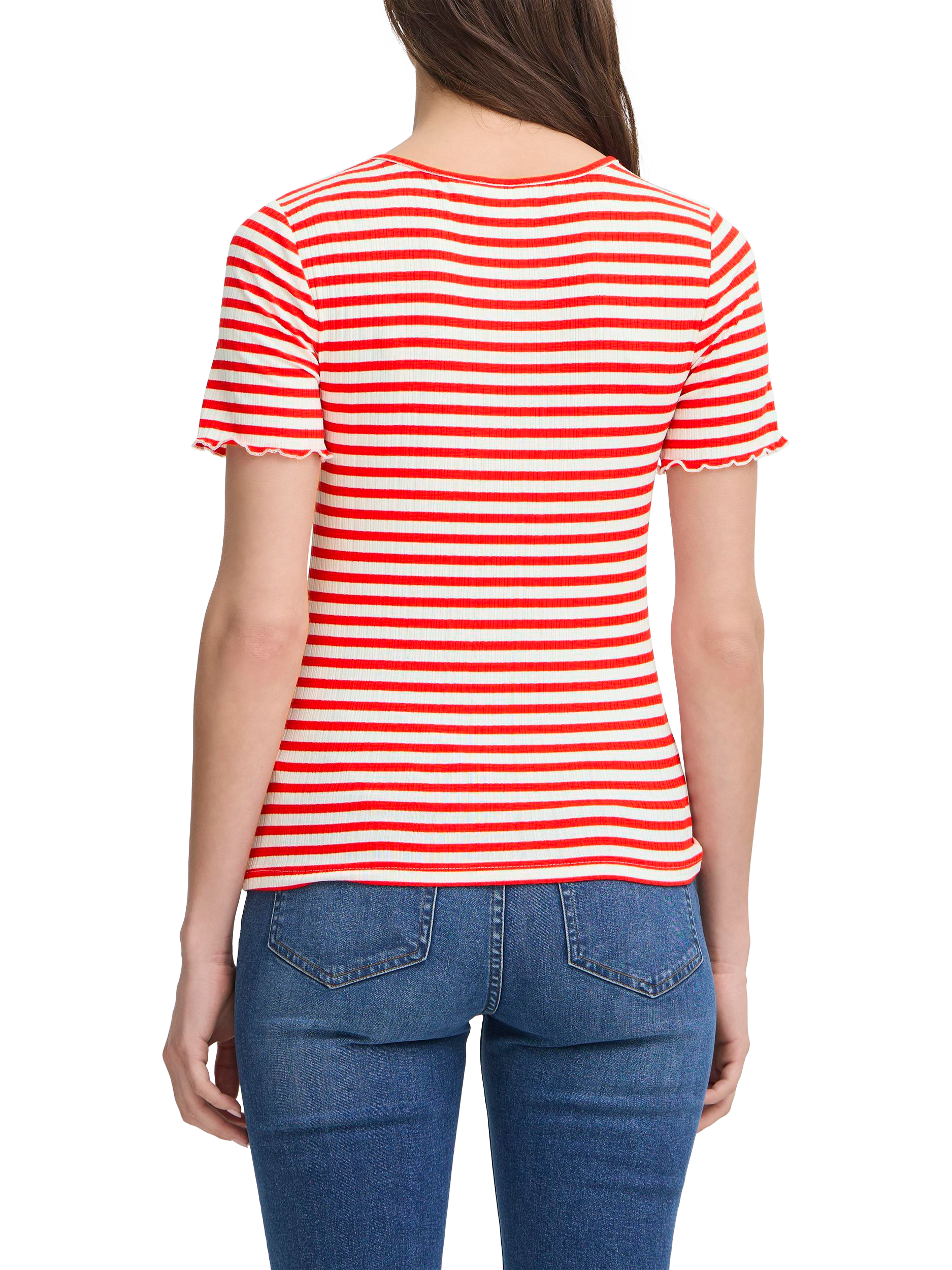 Product image 2 of 7, which shows ICHI Cella Stripe Crew Neck T-Shirt, Cloud/Fiery Red, XS