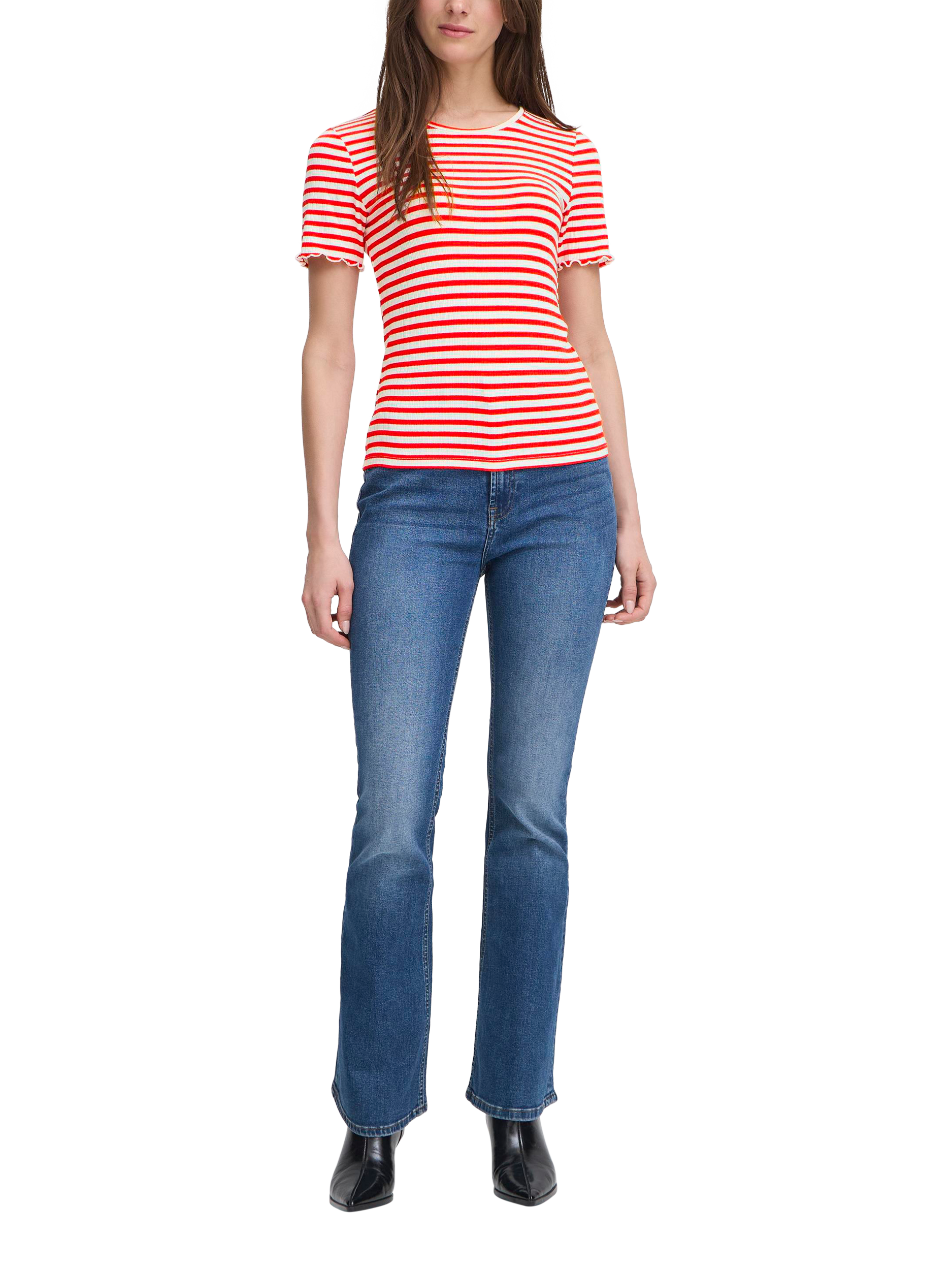 Product image 3 of 7, which shows ICHI Cella Stripe Crew Neck T-Shirt, Cloud/Fiery Red, XS