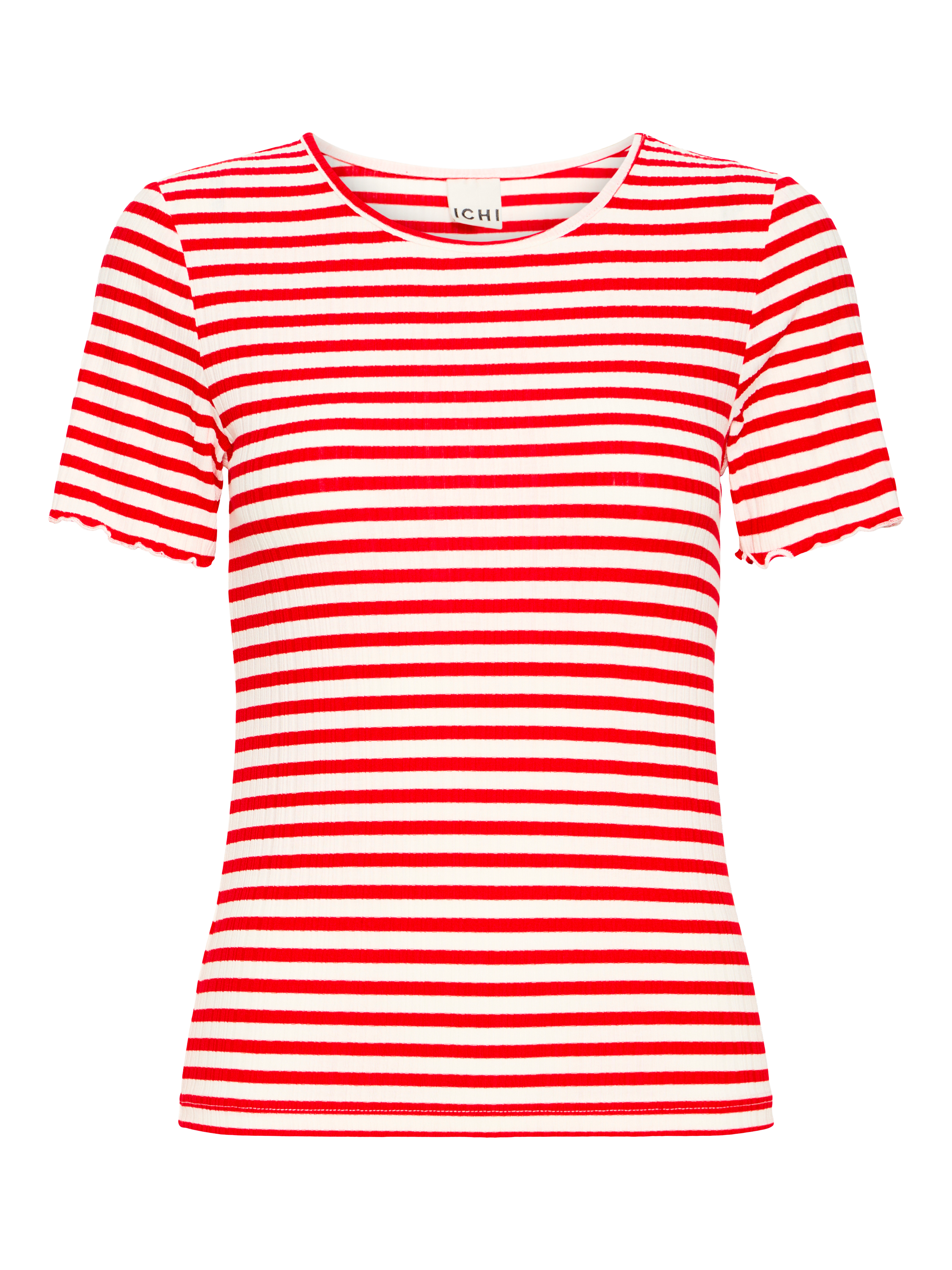 Product image 5 of 7, which shows ICHI Cella Stripe Crew Neck T-Shirt, Cloud/Fiery Red, XS