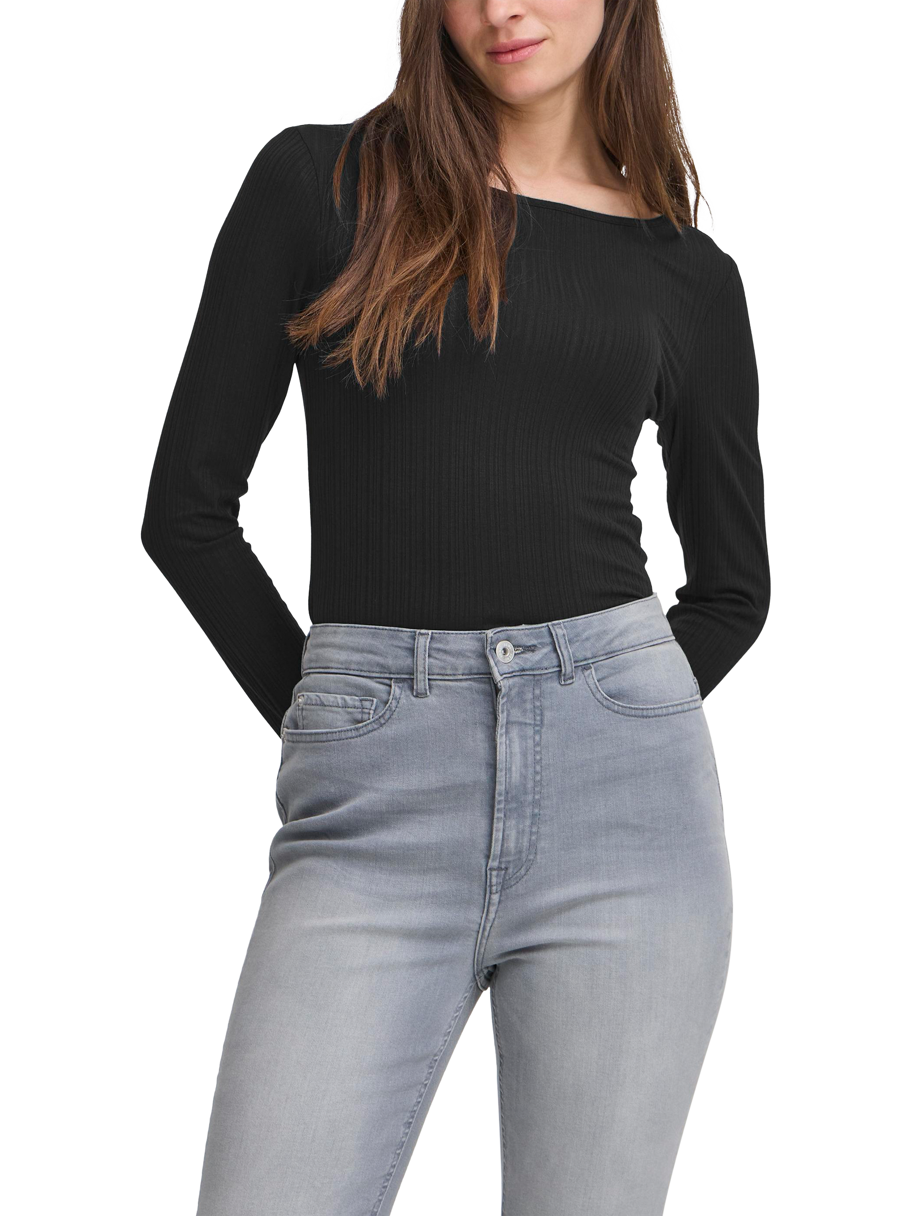 Product image 1 of 6, which shows ICHI Cella Textured Long Sleeve Top, Black, XS